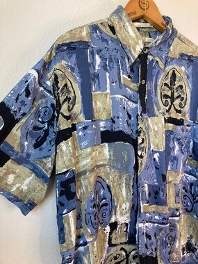 Vintage 90s Perry Ellis Silk Abstract Art Print Button up Shirt Relaxed fit sz M